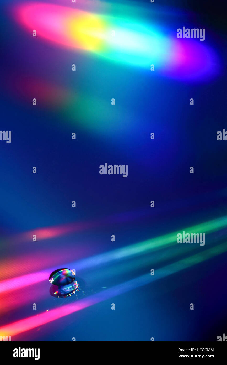 Water drop light patterns showing reflection and prismatic splitting of the colour spectrum of