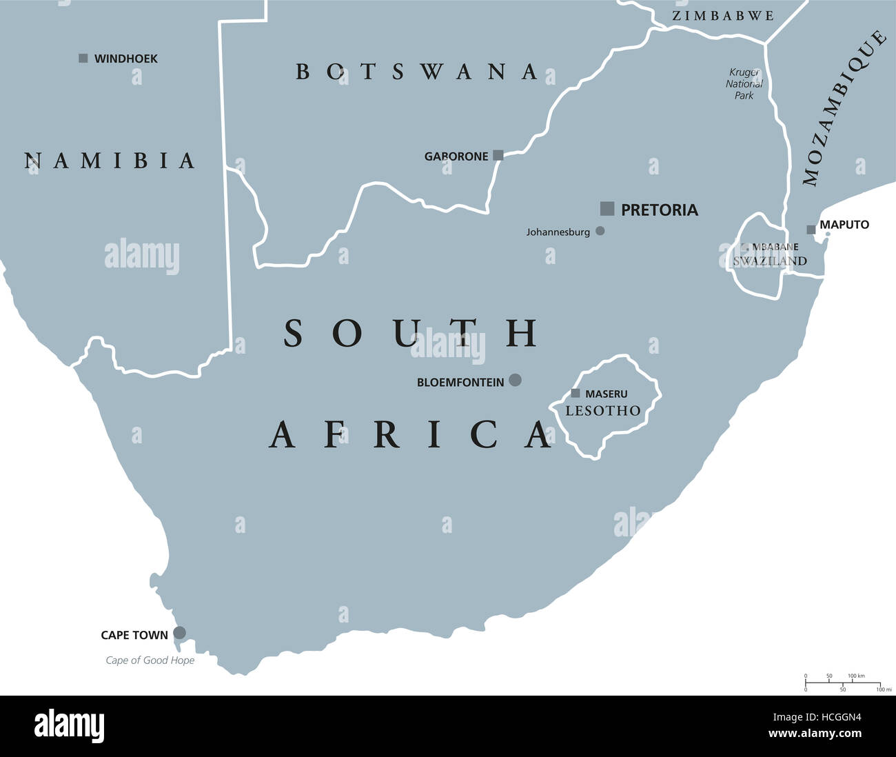 South Africa political map with the capitals Pretoria, Bloemfontein and Cape Town. With national borders and neighbor countries. Stock Photo