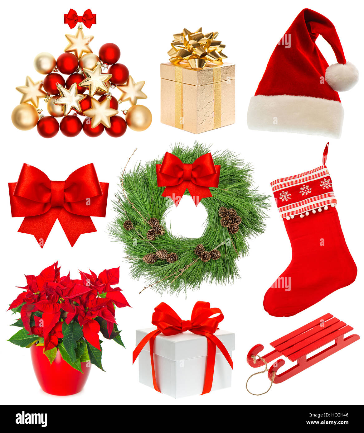 Christmas decorations collection. Set with stocking, gifts, wreath, sock, hat, sled, baubles, ribbon bow. Objects  isolated on white background Stock Photo