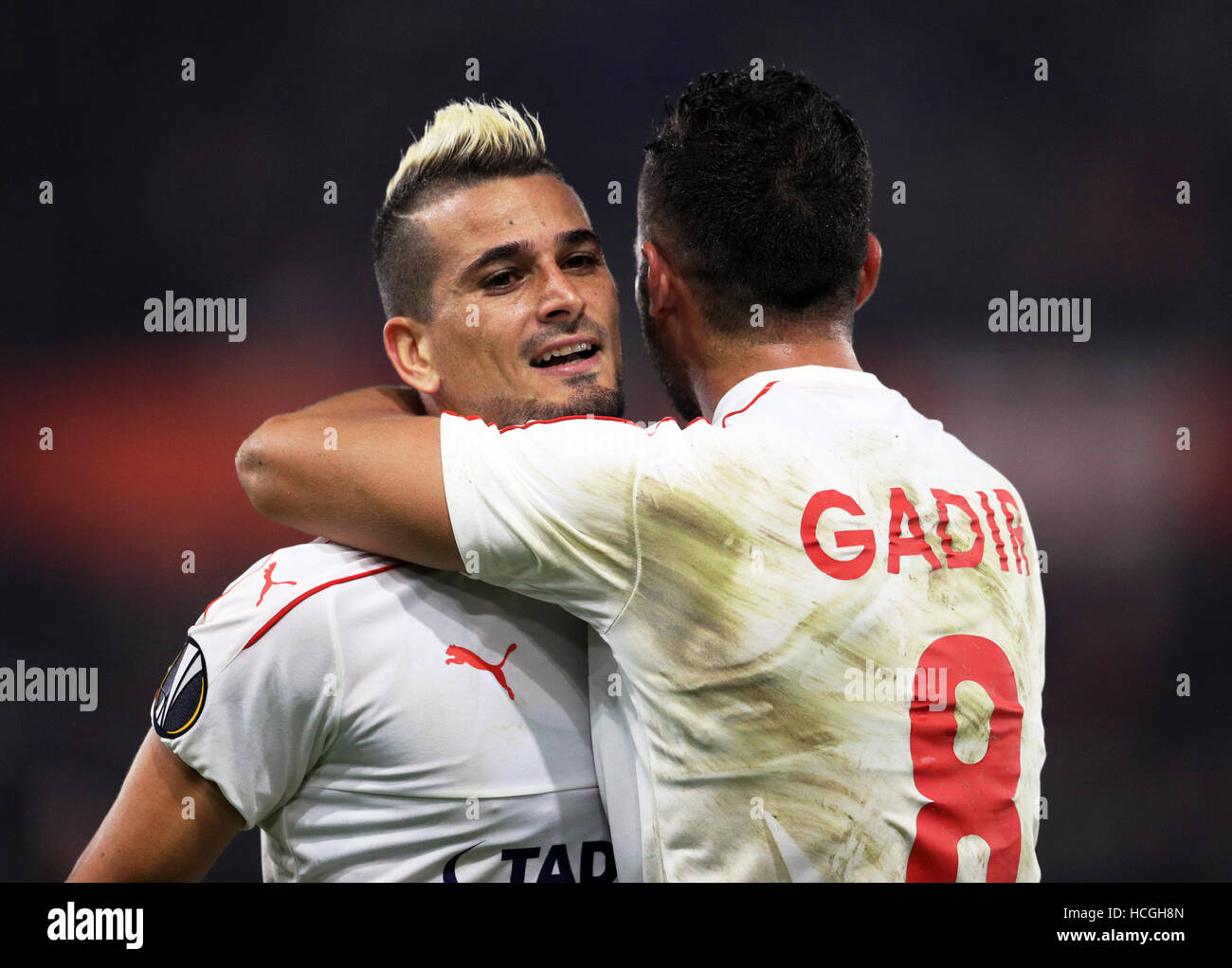 Hapoel Be'er Sheva's Maor Bar Buzaglo and Mohammad Ghadir celebrate victory after the UEFA Europa League, Group K match at St Mary's Stadium, Southampton. Stock Photo