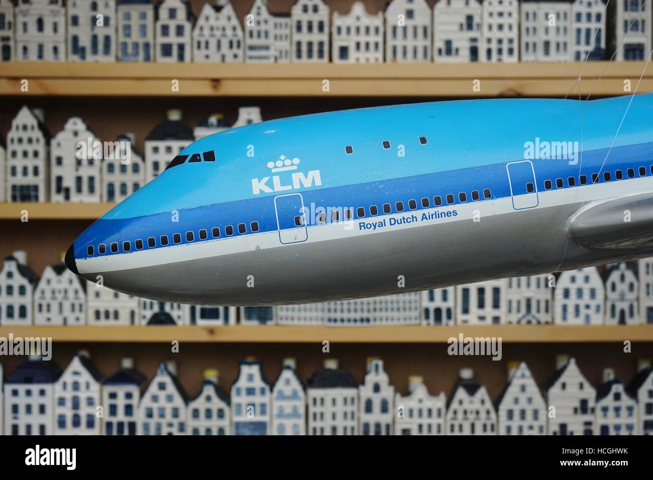 A store selling collectible KLM amenities miniature Delft porcelain houses and KLM airplane models in Amsterdam, Netherlands Stock Photo