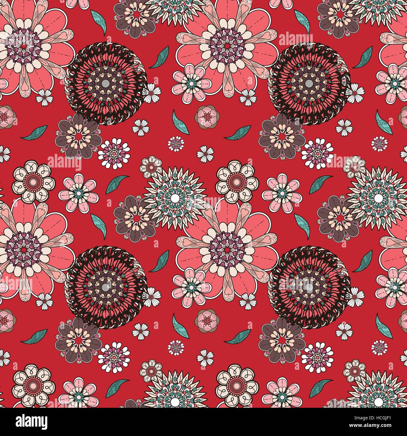 Colored seamless floral pattern in vintage style over red background ...