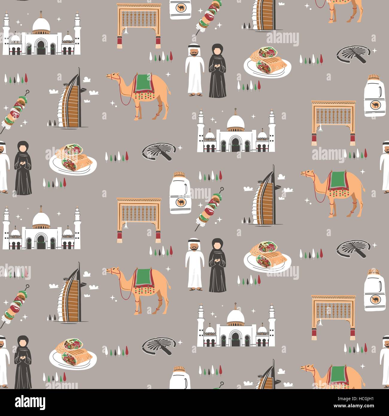 Seamless pattern of Dubai travel concept in flat design style Stock Vector