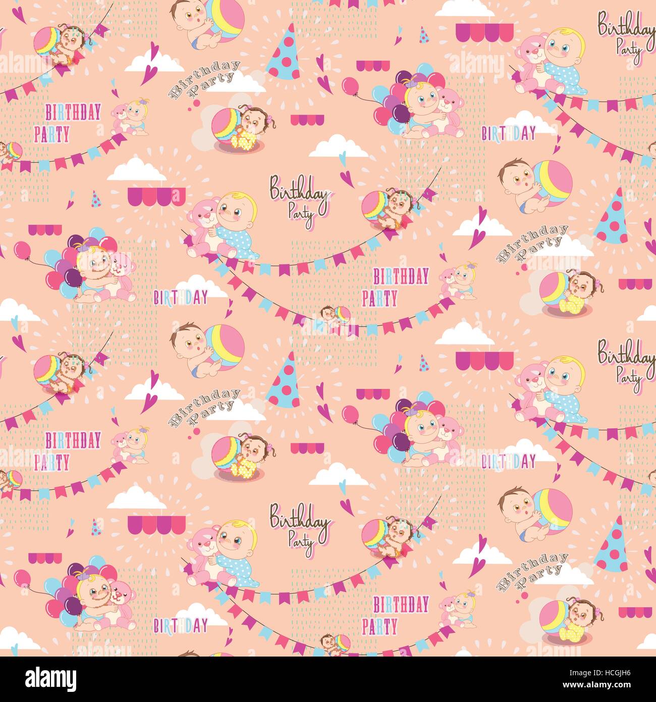 Seamless Pattern Of Birthday Party Decorations With Kids On Orange