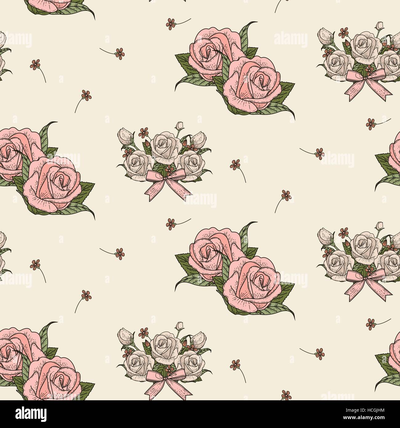 Retro seamless hand drawn rose pattern over beige background Stock ...