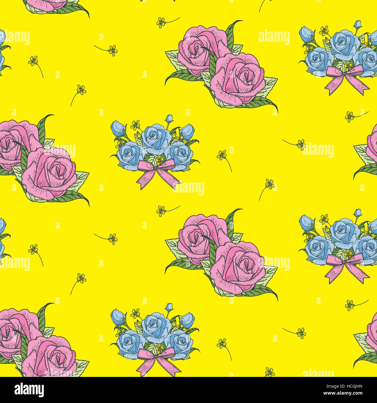 Retro seamless hand drawn rose pattern over yellow background Stock ...