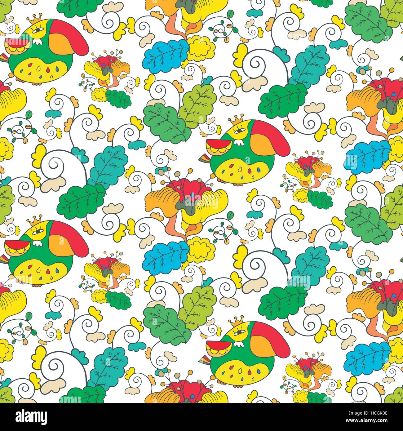 seamless pattern background with flowers and birds over white Stock ...