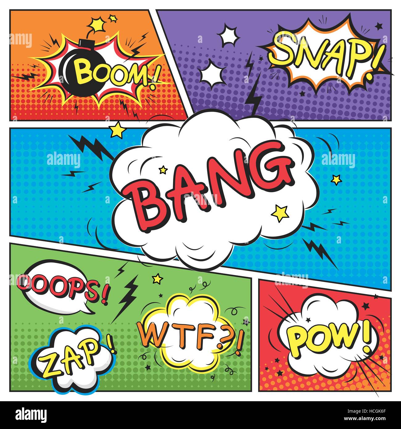 attractive comic sound effect set isolated on colorful comic strip