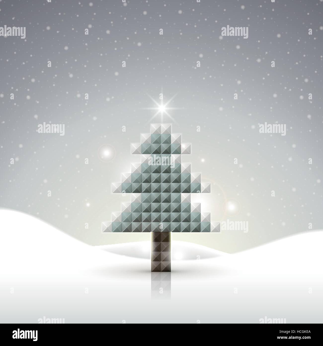 abstract glossy mosaic Christmas tree over snowy background Stock