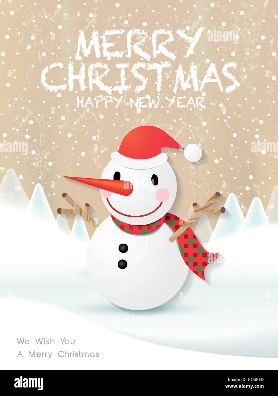 lovely cartoon Christmas snowman over snowy background Stock Vector