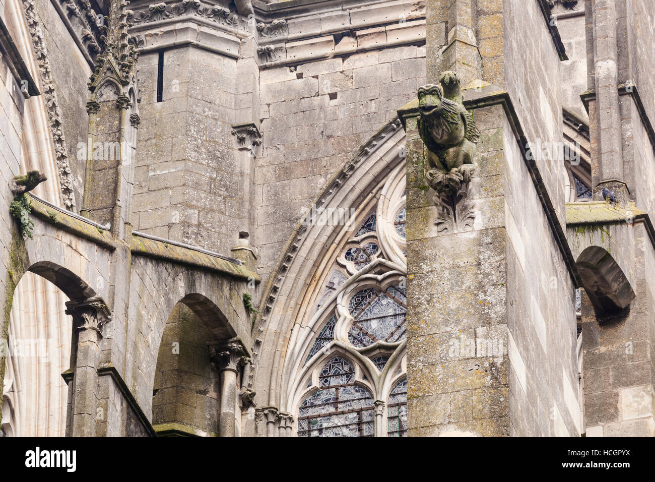 Gargoyles on the cathedral in Le Mans, France. Stock Photo