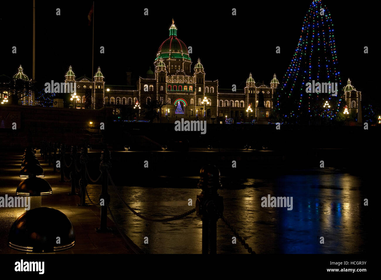 British Columbia parliament buildings in Christmas lights. Stock Photo