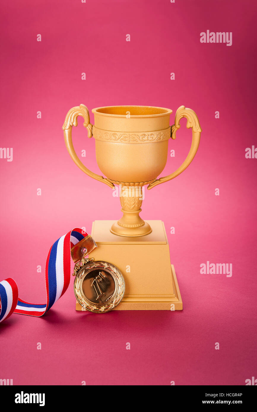 Golden trophy and gold medal Stock Photo