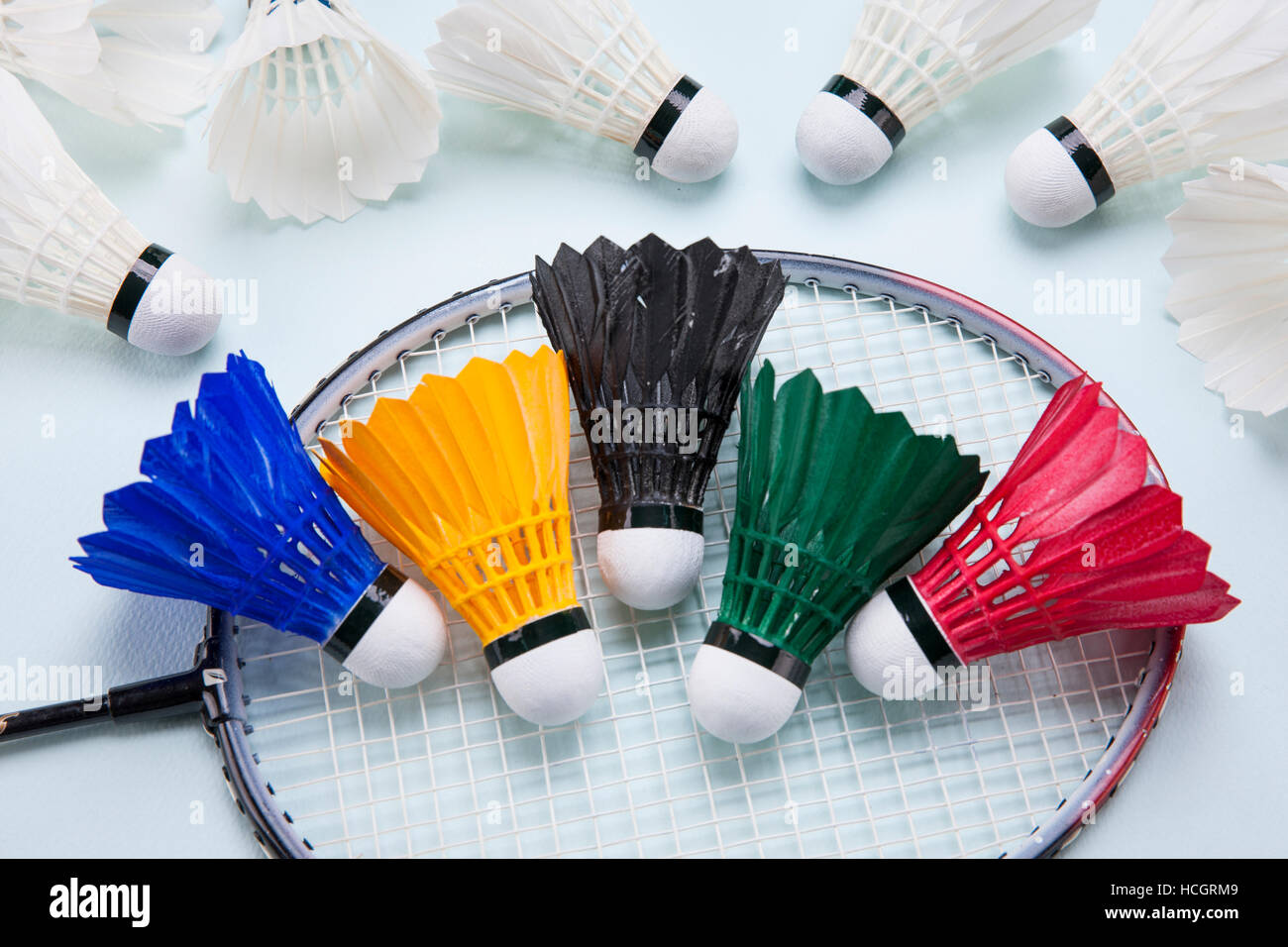Badminton racket and shuttlecocks as cheering tools Stock Photo