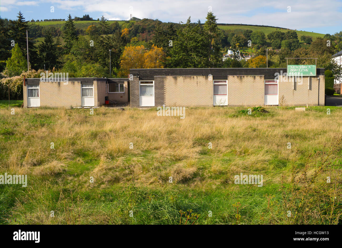 Newtown Back Lane bowling club bowling green with overgrown grass, Powys Wales UK Stock Photo