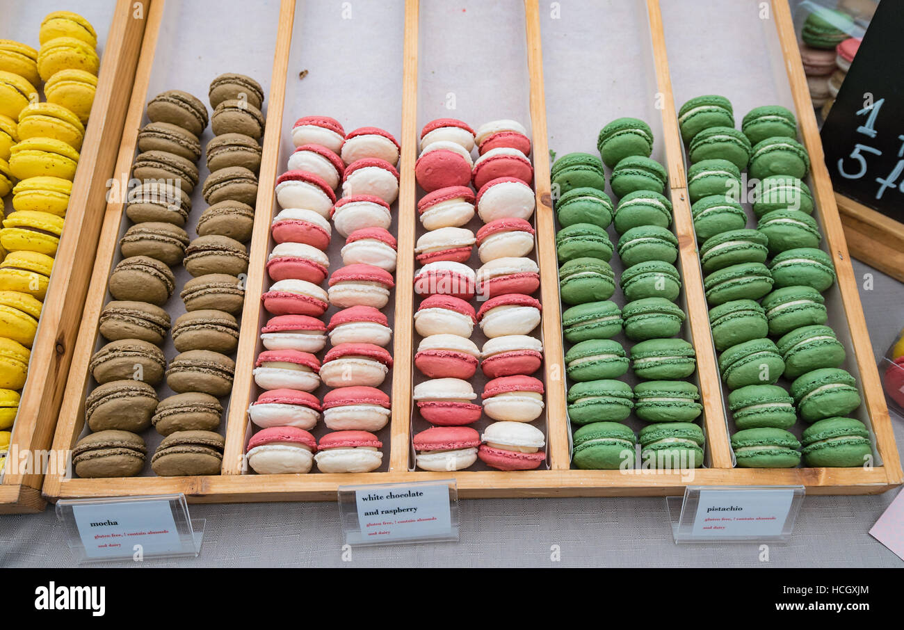 Colourful macaroons lined up at Chester Food Festival Stock Photo