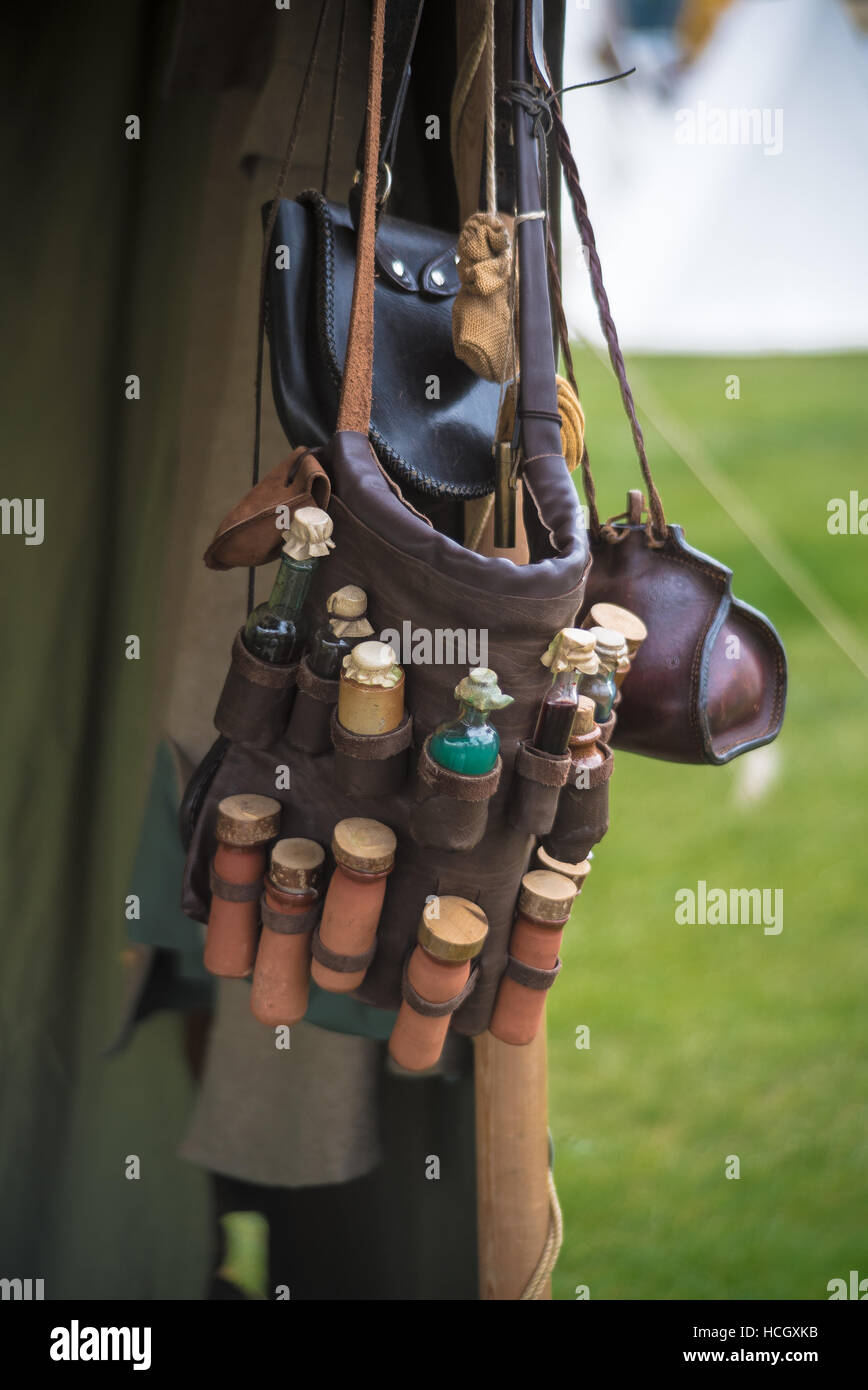 English Civil War apothecary pouch hangs in the camp at Chester Stock Photo