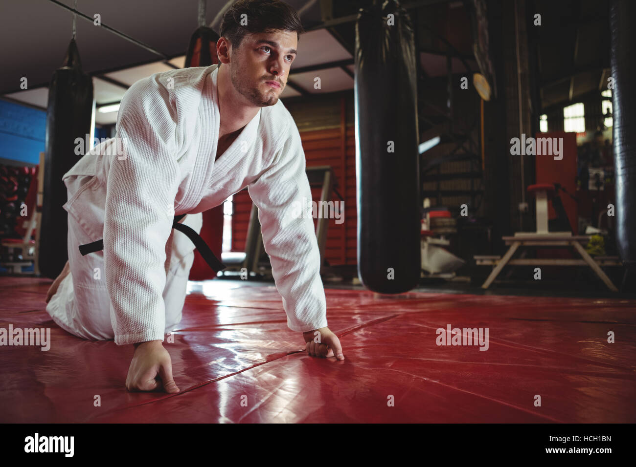 Karate player doing push-up Stock Photo