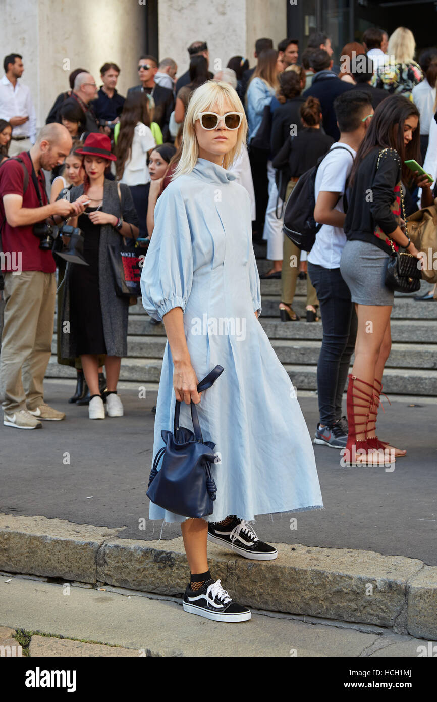 Linda Tol before Salvatore Ferragamo fashion show, Milan Fashion Week street style on September 25, 2016 in Milan. Stock Photo