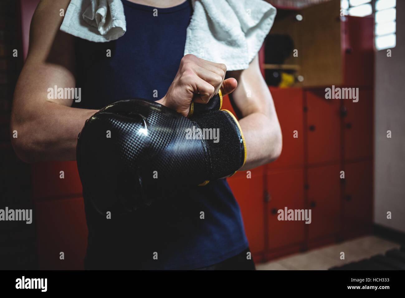 Boxer wearing boxing gloves Stock Photo Alamy