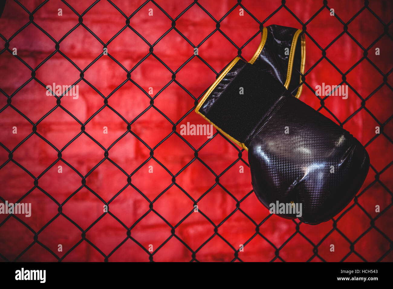 Boxing glove hanging on wire mesh fence Stock Photo