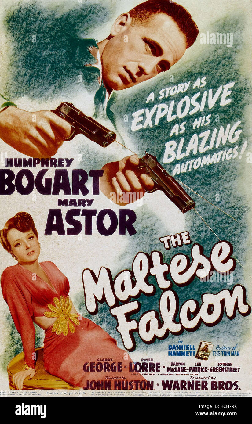 THE MALTESE FALCON, top: Humphrey Bogart, bottom: Mary Astor on midget window card, 1941. Stock Photo