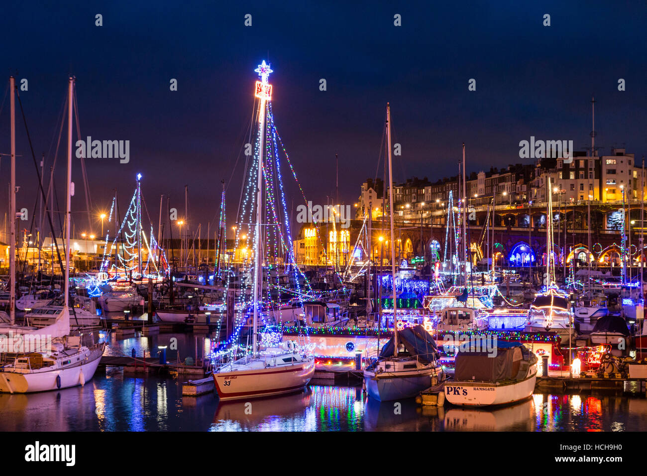 Ramsgate harbour, England. Seasonal Christmas lighting decorating