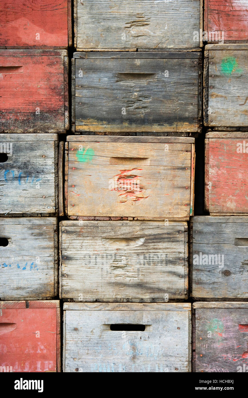 Closeup of wooden colorful produce boxes Stock Photo Alamy