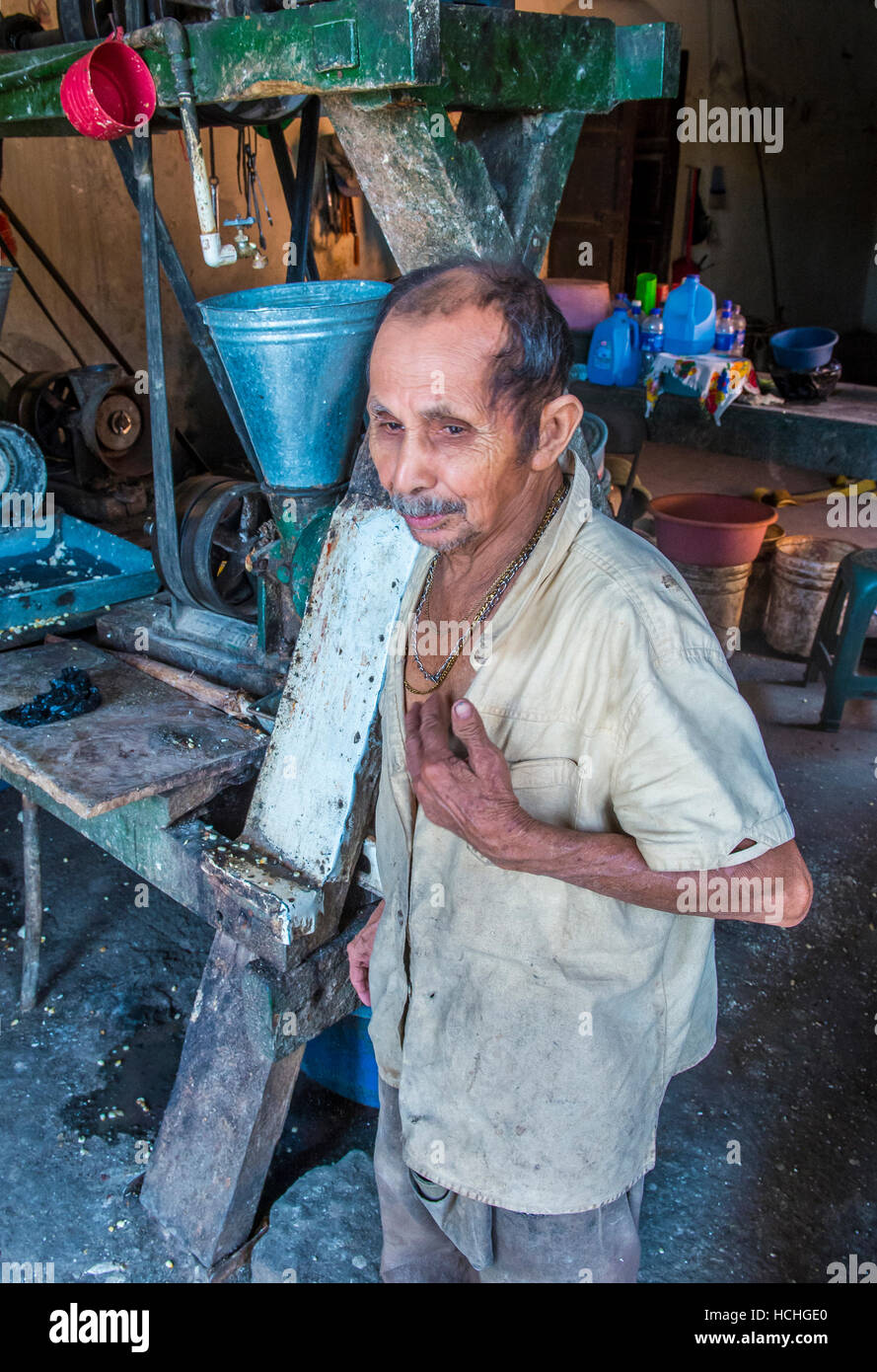 Salvadoran man work at a Corn tortilla dough factory in Suchitoto El Salvador. Corn has been a staple food in Central American cultures since pre-Colu Stock Photo