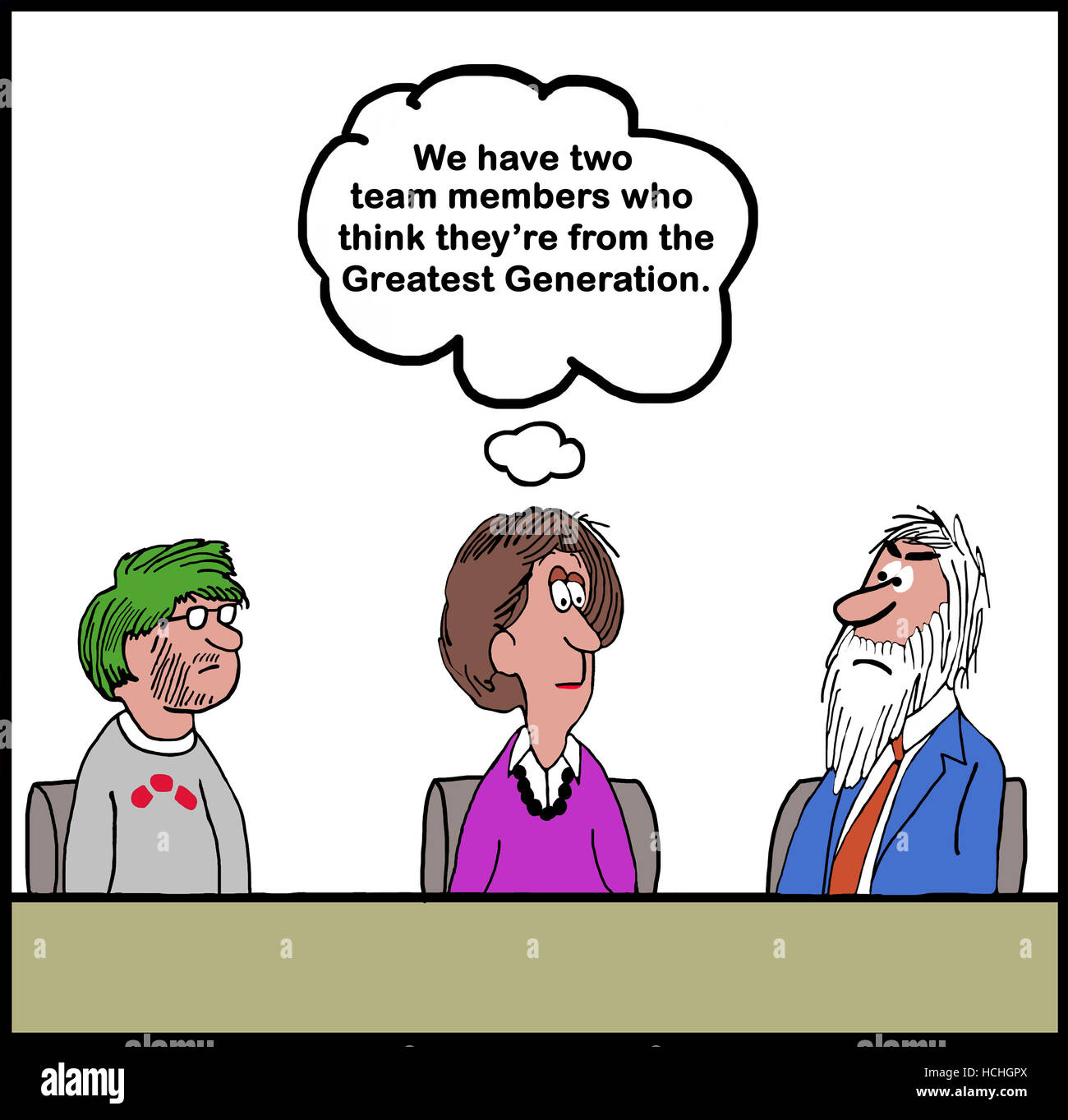 Color business cartoon about two very different people, both think they are from the Greatest Generation. Stock Photo