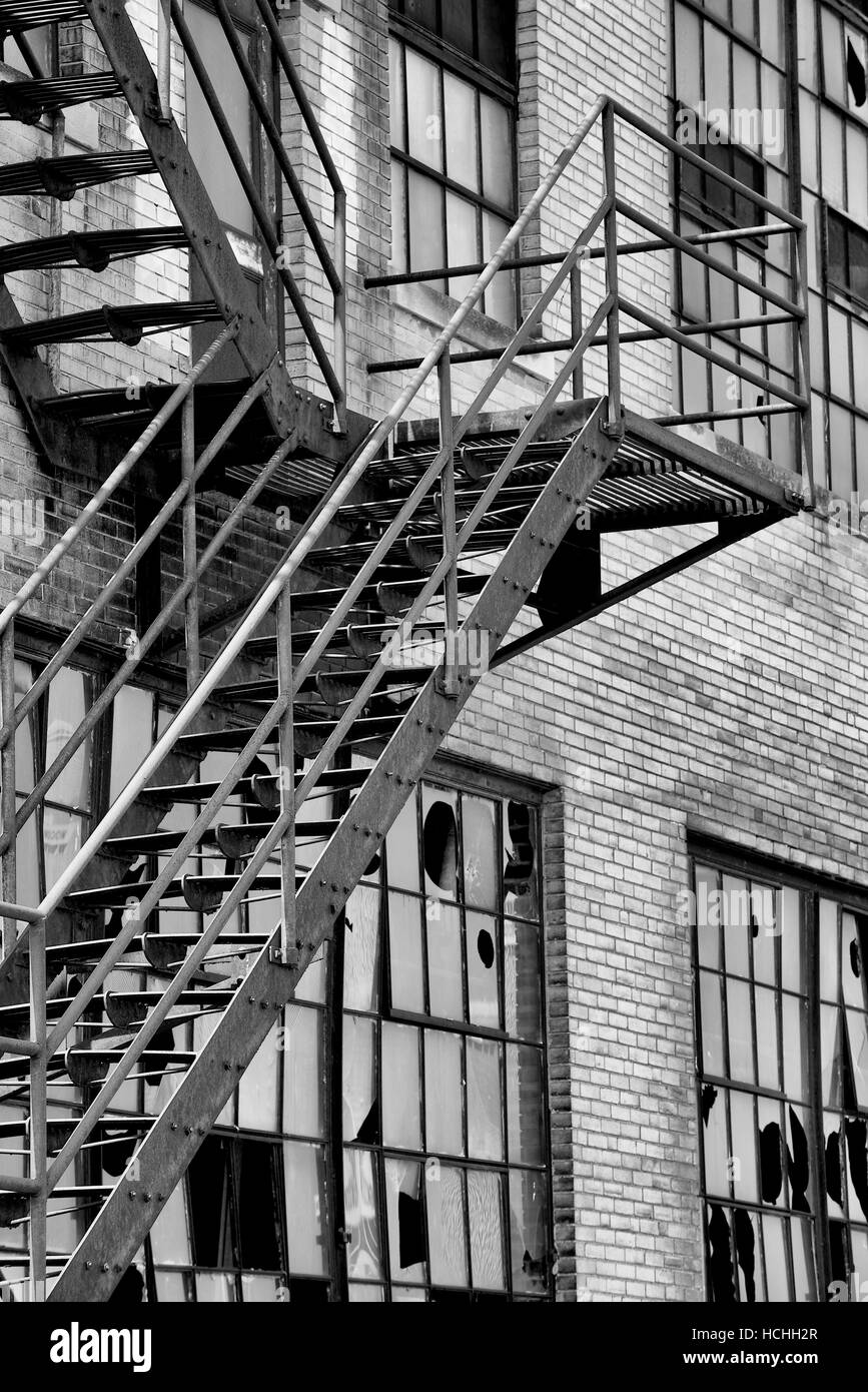 Metal stairs on outside of a commercial building on South 10th Street, Omaha, Douglas County, Nebraska, USA. Stock Photo