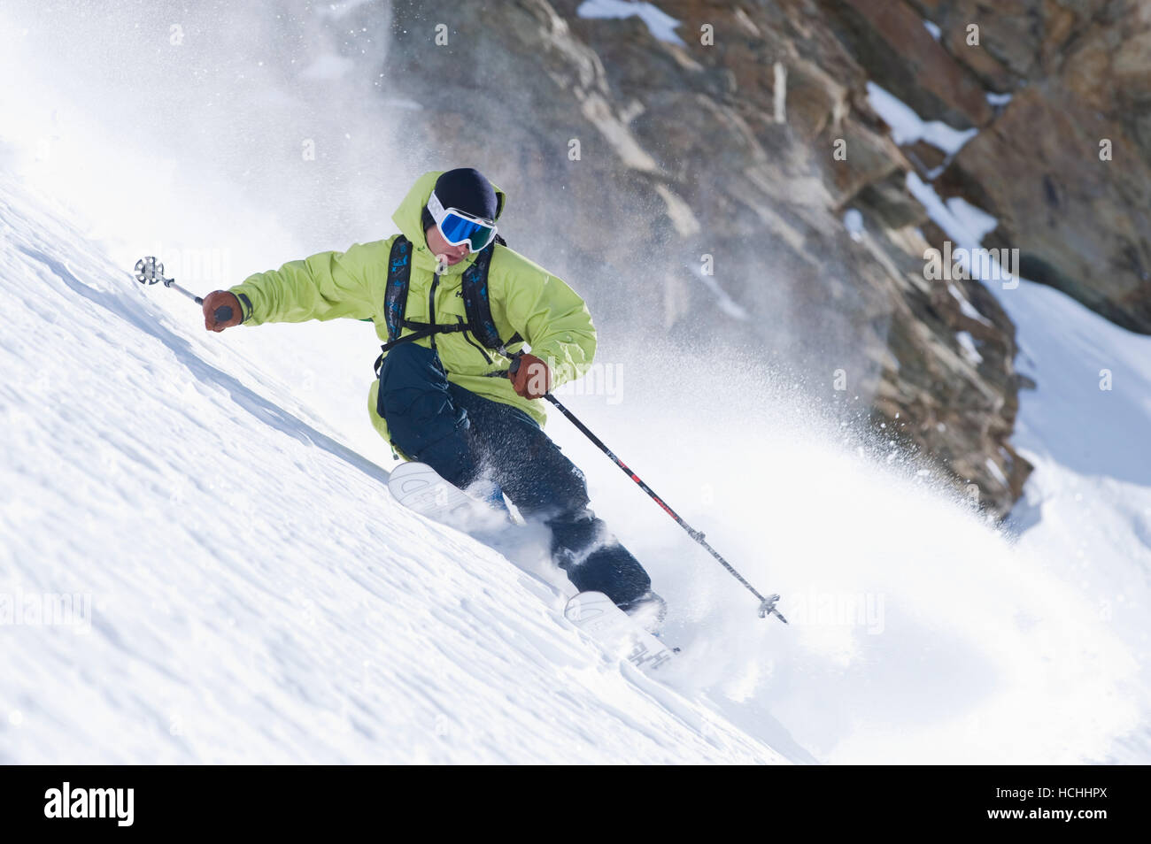 James Heim skiing in Diavolezza, St. Moritz, Switzerland. Stock Photo