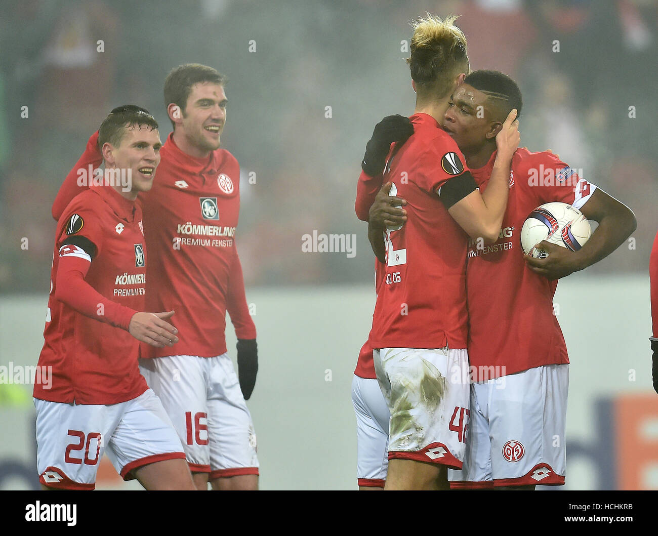 Mainz, Germany. 08th Dec, 2016. Mainz's Alexander Hack (2-R) celebrates his 1-0 goal with teammates Jhon Cordoba (R), Fabian Frei (L) and Stefan Bell (2-L) during the UEFA Europa League group phase soccer match between FSV Mainz 05 and Gabala FK in the Opel Arena in Mainz, Germany, 08 December 2016. Photo: Torsten Silz/dpa/Alamy Live News Stock Photo