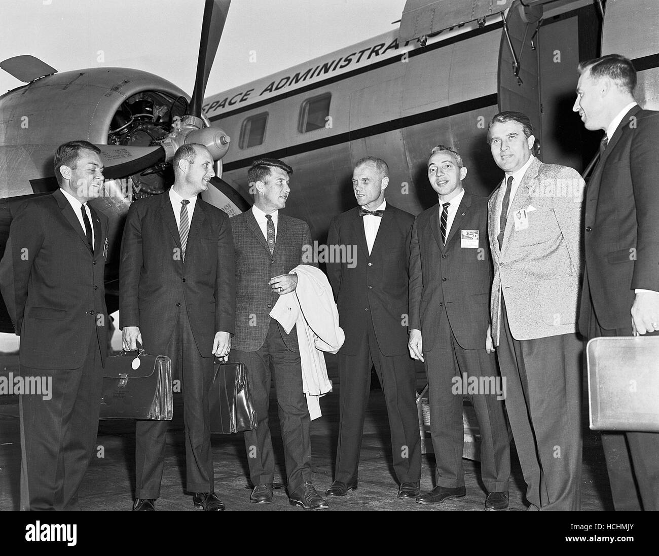 Officials from NASA Headquarters and the astronauts often met with Dr. Wernher von Braun in Huntsville, Alabama. This photograph was taken in September 1962 during one such visit. From left to right are Elliot See, Tom Stafford, Wally Schirra, John Glenn, Brainerd Holmes, Dr. von Braun, and Jim Lovell.Credit: NASA via CNP /MediaPunch Stock Photo