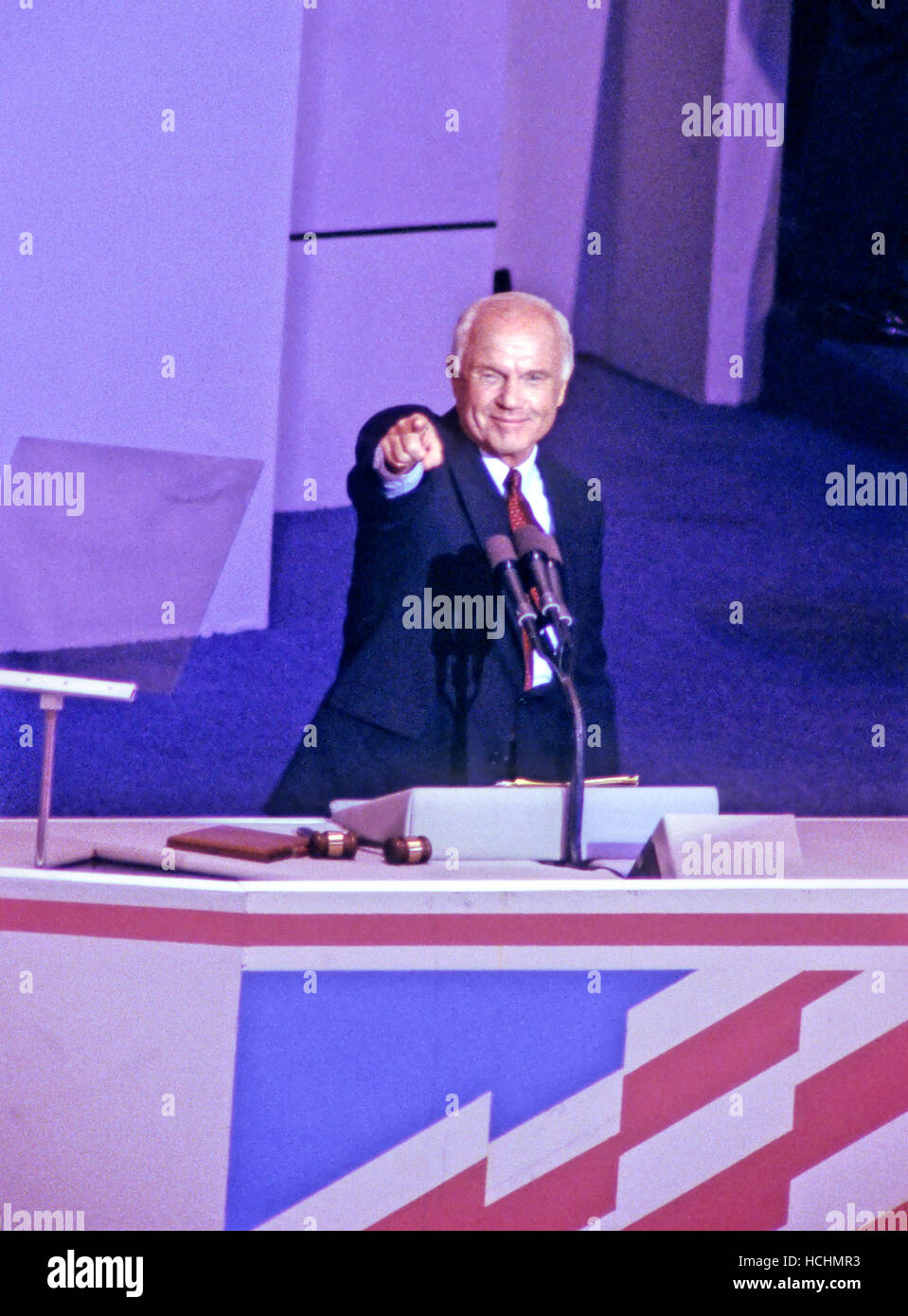 United States Senator John H. Glenn, Jr. (Democrat of Ohio) introduces the 1988 Democratic nominee for Vice President, U.S. Senator Lloyd Bentsen (Democrat of Texas), on Thursday, July 21, 1988 at The Omni in Atlanta, Georgia.Credit: Arnie Sachs/CNP /MediaPunch Stock Photo