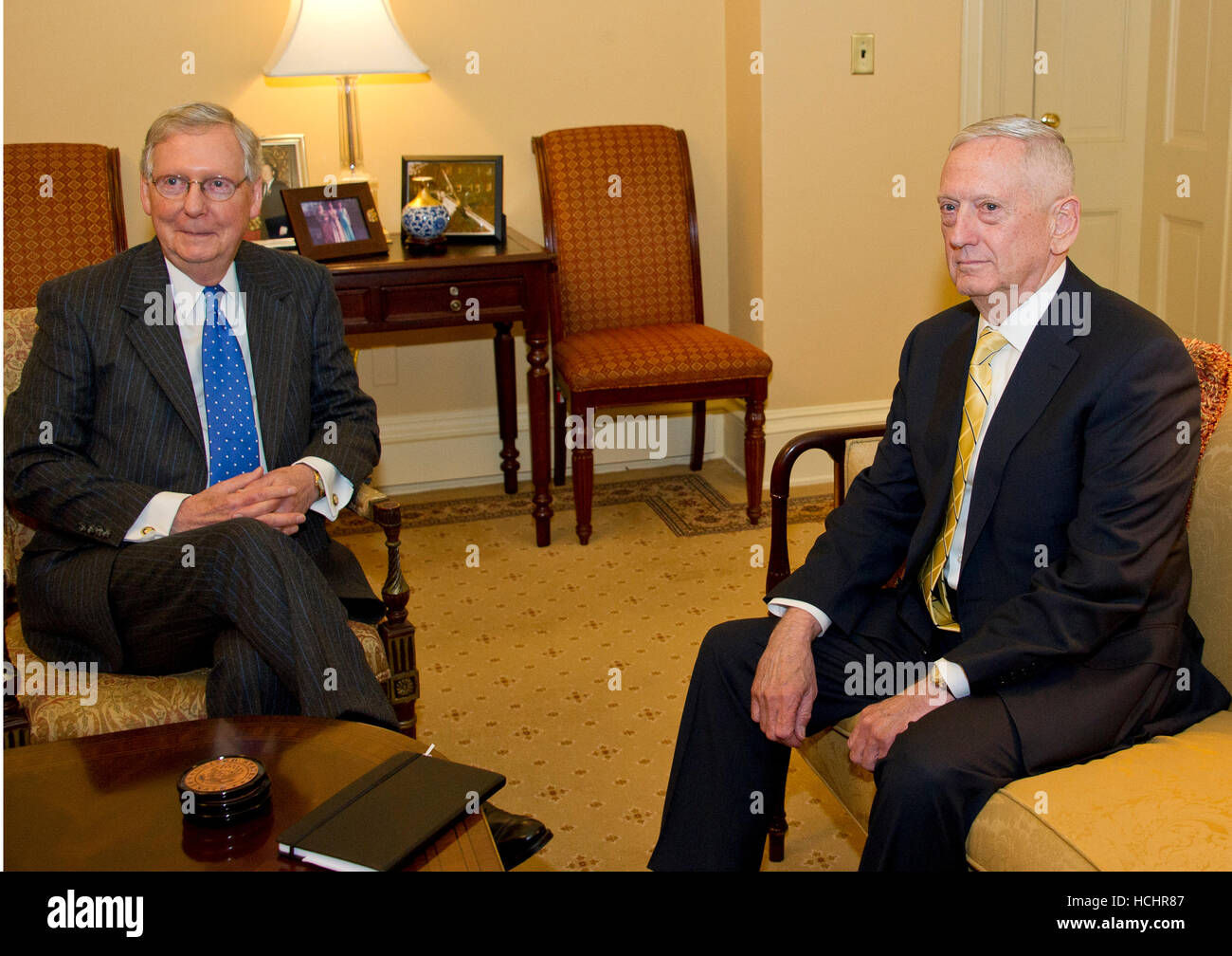 Washington DC, USA. 7th Dec, 2016. United States Senate Majority Leader Mitch McConnell (Republican of Kentucky), left, meets retired US Marine Corps General James N. "Mad Dog" Mattis, US President-elect Donald J. Trump's selection to be US Secretary of Defense, right, in his office in the US Capitol in Washington, DC on Wednesday, December 7, 2016. © dpa picture alliance/Alamy Live News Stock Photo