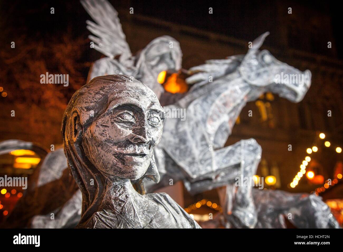 Chester, UK. 8th Dec, 2016. Mid-Winter Watch Parade, Chester's 15th-century tradition of ‘Setting the Watch'. Karamba Samba a ‘ghost band' led a fun parade of skeletons, angels and devils as they celebrated the Winter solstice. This event with dancers, fire breathing and sword fights, dates from the 1400's, where the city leaders would hand over the keys of Chester to the City Watch. Stock Photo