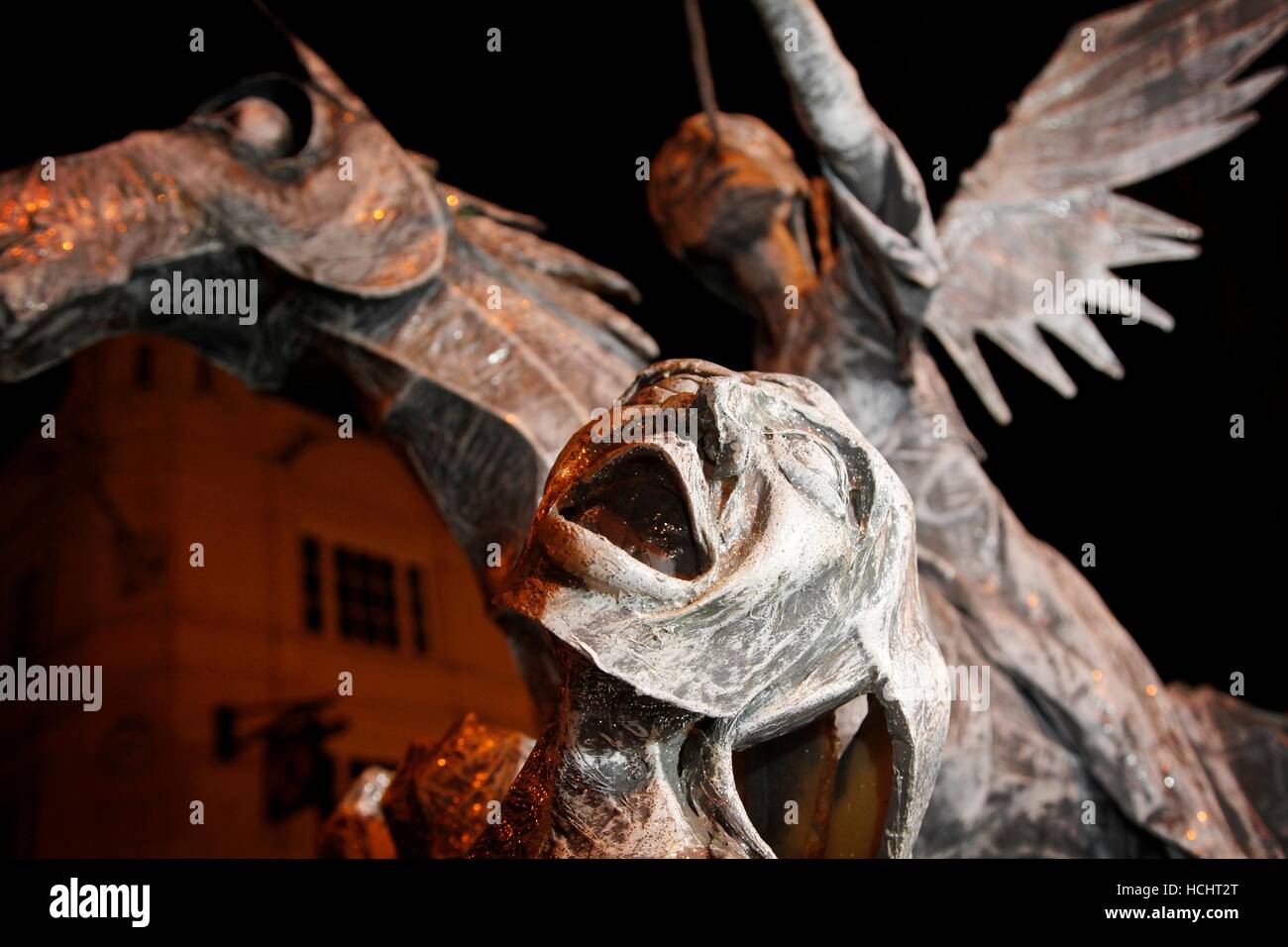 Chester, UK. 8th Dec, 2016. Mid-Winter Watch Parade, Chester's 15th-century tradition of ‘Setting the Watch'. Karamba Samba a ‘ghost band' led a fun parade of skeletons, angels and devils as they celebrated the Winter solstice. This event with dancers, fire breathing and sword fights, dates from the 1400's, where the city leaders would hand over the keys of Chester to the City Watch. Stock Photo