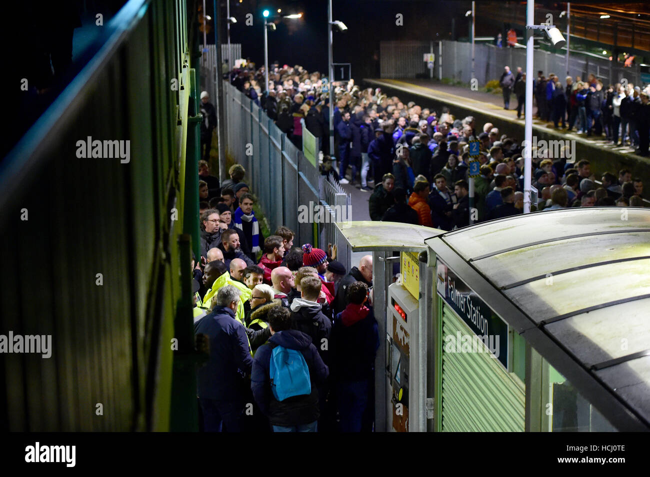Brighton Sussex, UK. 9th Dec, 2016. Thousands of football fans try to get trains from Falmer Station after watching the match between Brighton and Hove Albion and Leeds United at the American Express Community Stadium this evening . Disruption continues on Southern Rail as strikes continue to cause problems for passengers Credit:  Simon Dack/Alamy Live News Stock Photo