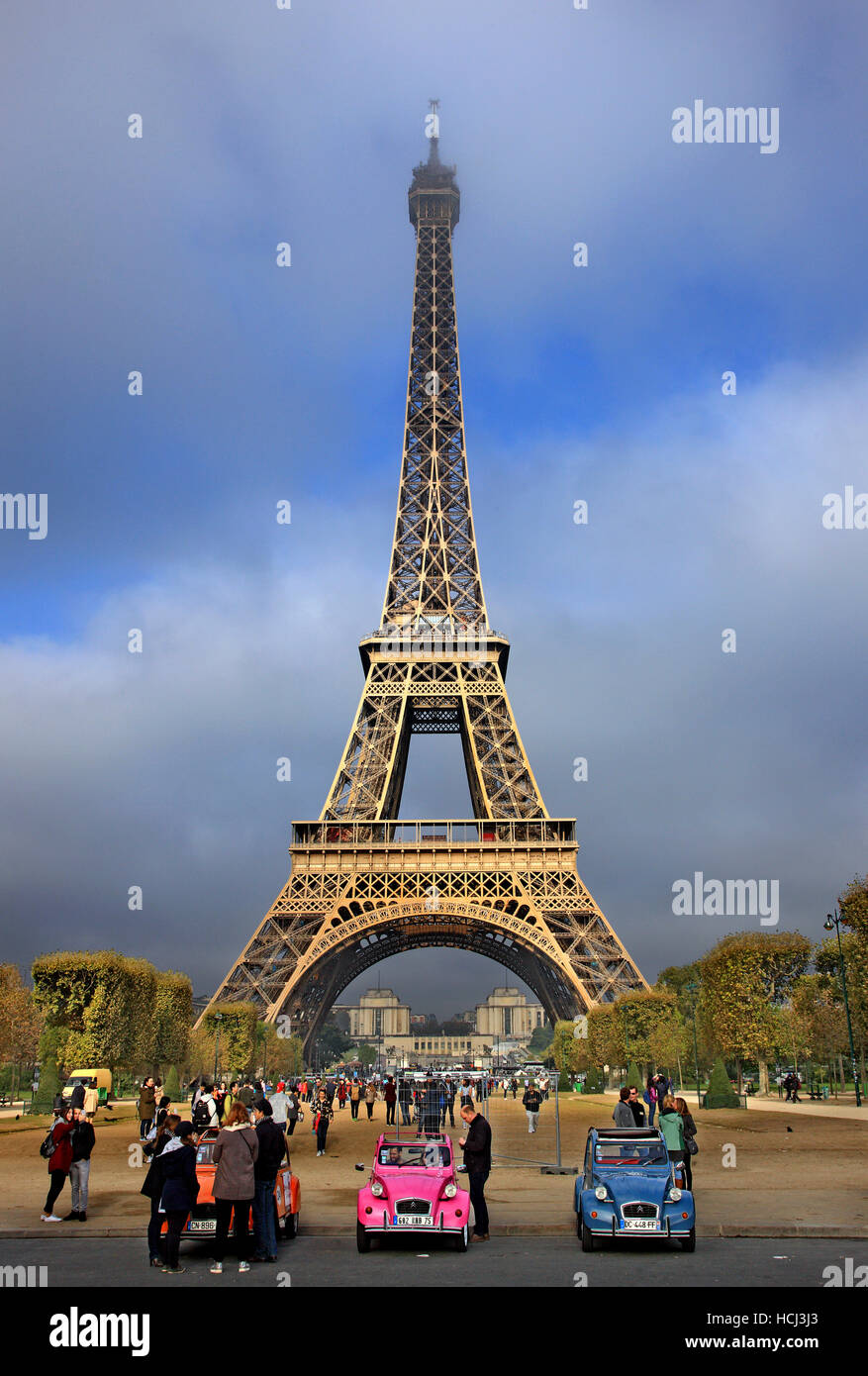 View of the Eiffel tower from the side of Champ de Mars, Paris, France. Stock Photo