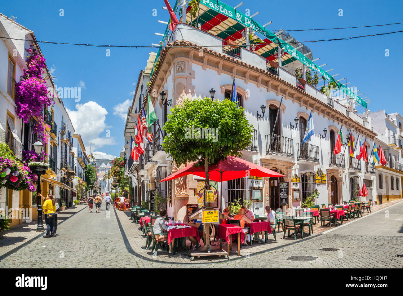 Spain, Andalusia, Province of Malaga, Costa del Sol, Marbella, junction of Calle Peral and Calle Chorrón at Casco Antiguo, Marbella Old Town Stock Photo