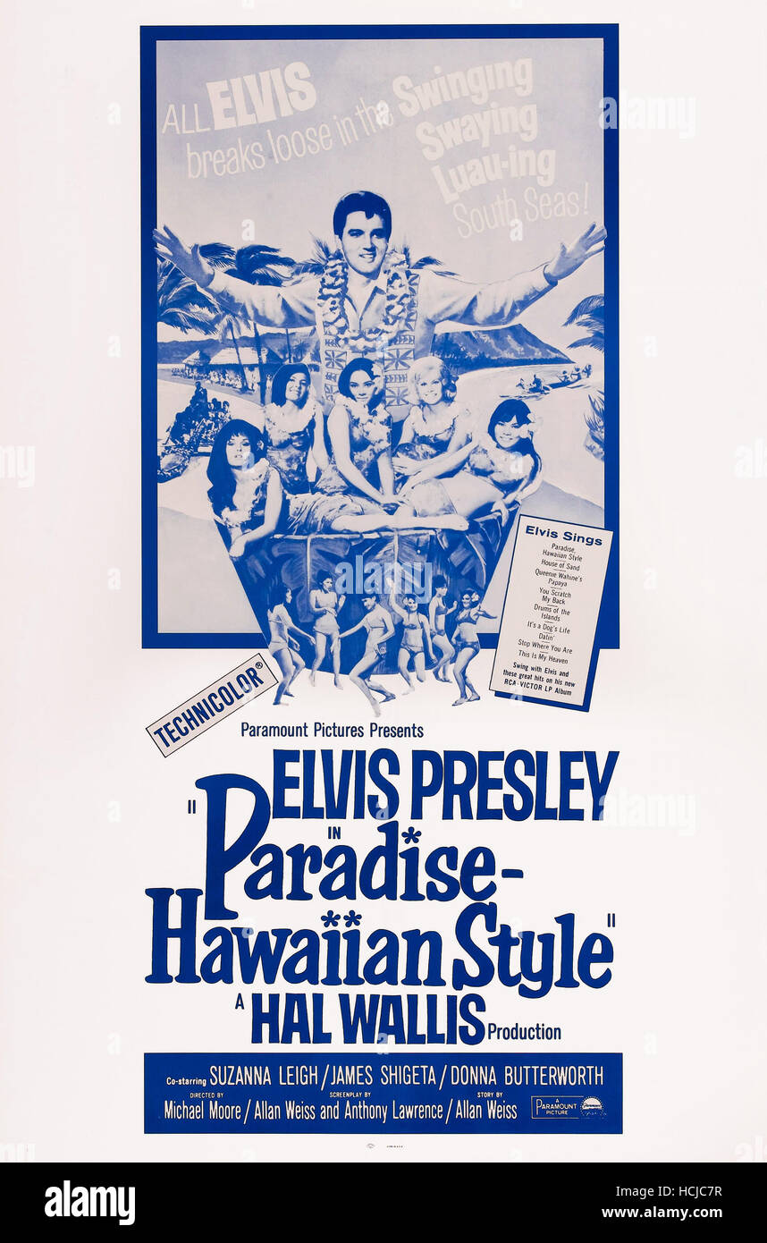 PARADISE, HAWAIIAN STYLE, US poster, Elvis Presley (top), 1966 Stock ...