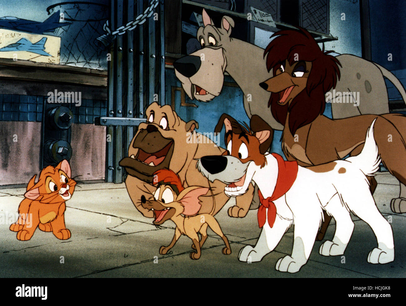 OLIVER & COMPANY, from left: Oliver, right clockwise from bottom: Tito, Francis, Einstein, Rita, Dodger, 1988, ©Walt Disney Stock Photo