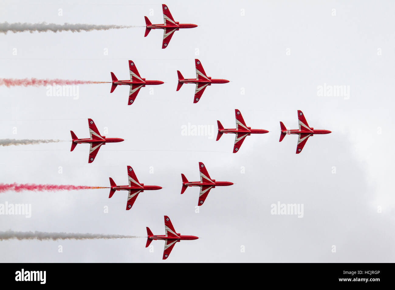 Red Arrows aviation display at Dunsfold Air Show in Surrey England in 2016 Stock Photo