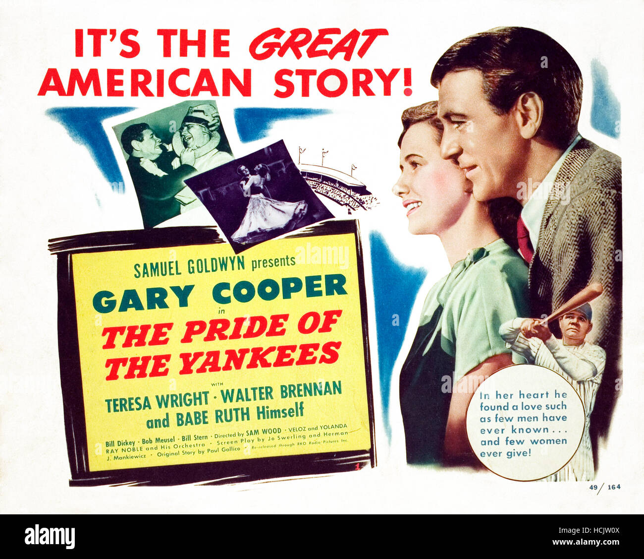 THE PRIDE OF THE YANKEES, Teresa Wright, Gary Cooper, (inset) Babe Ruth ...