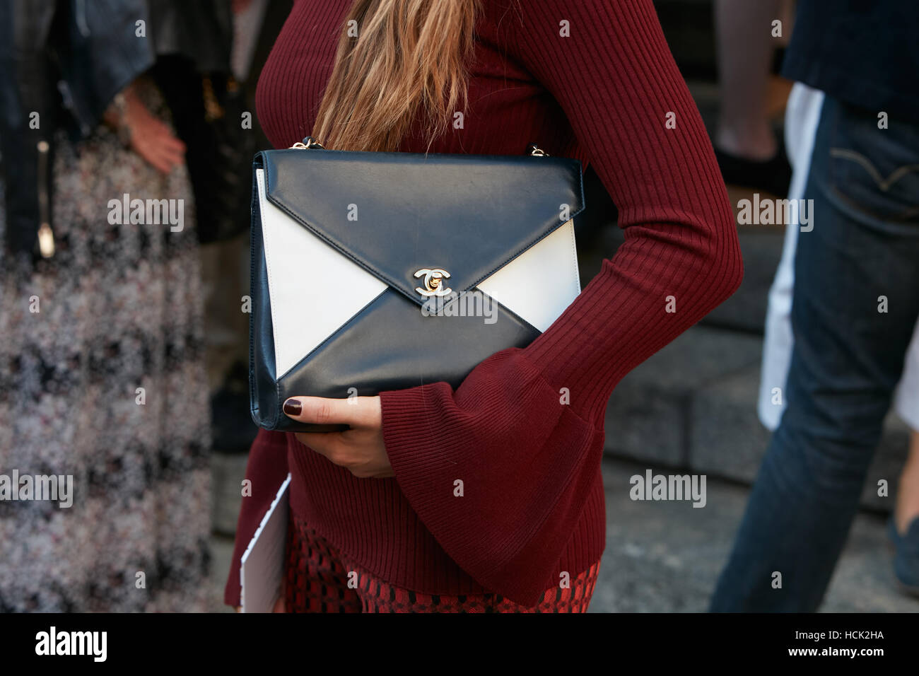 Milan, Italy - September, 22: woman influencer wearing leather Kelly bag  from Hermes. Fashion blogger outfit details, street style Stock Photo