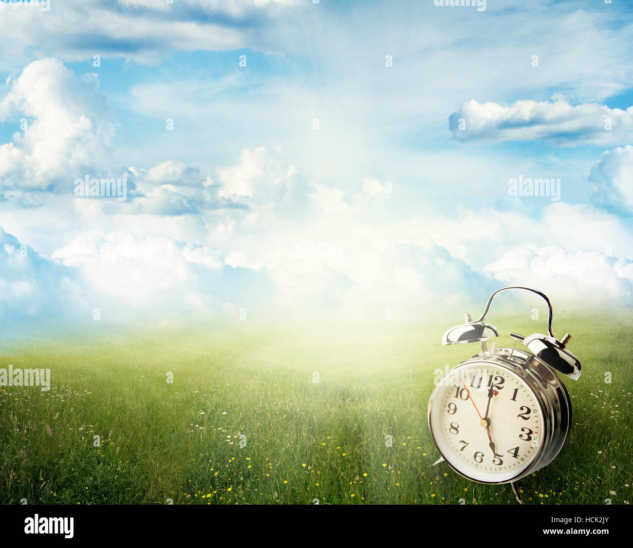 Alarm clock in sunlit spring field Stock Photo - Alamy