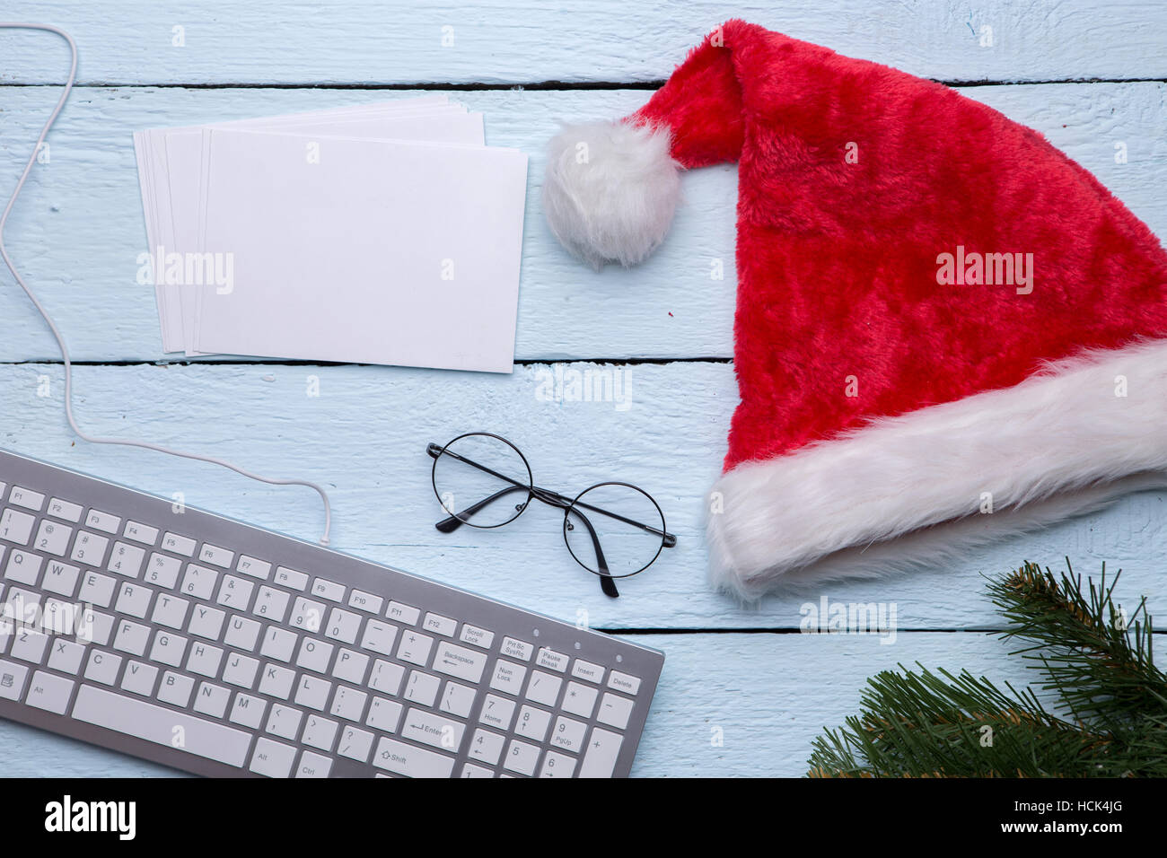 Santa hat, keyboard, spruce branch Stock Photo Alamy
