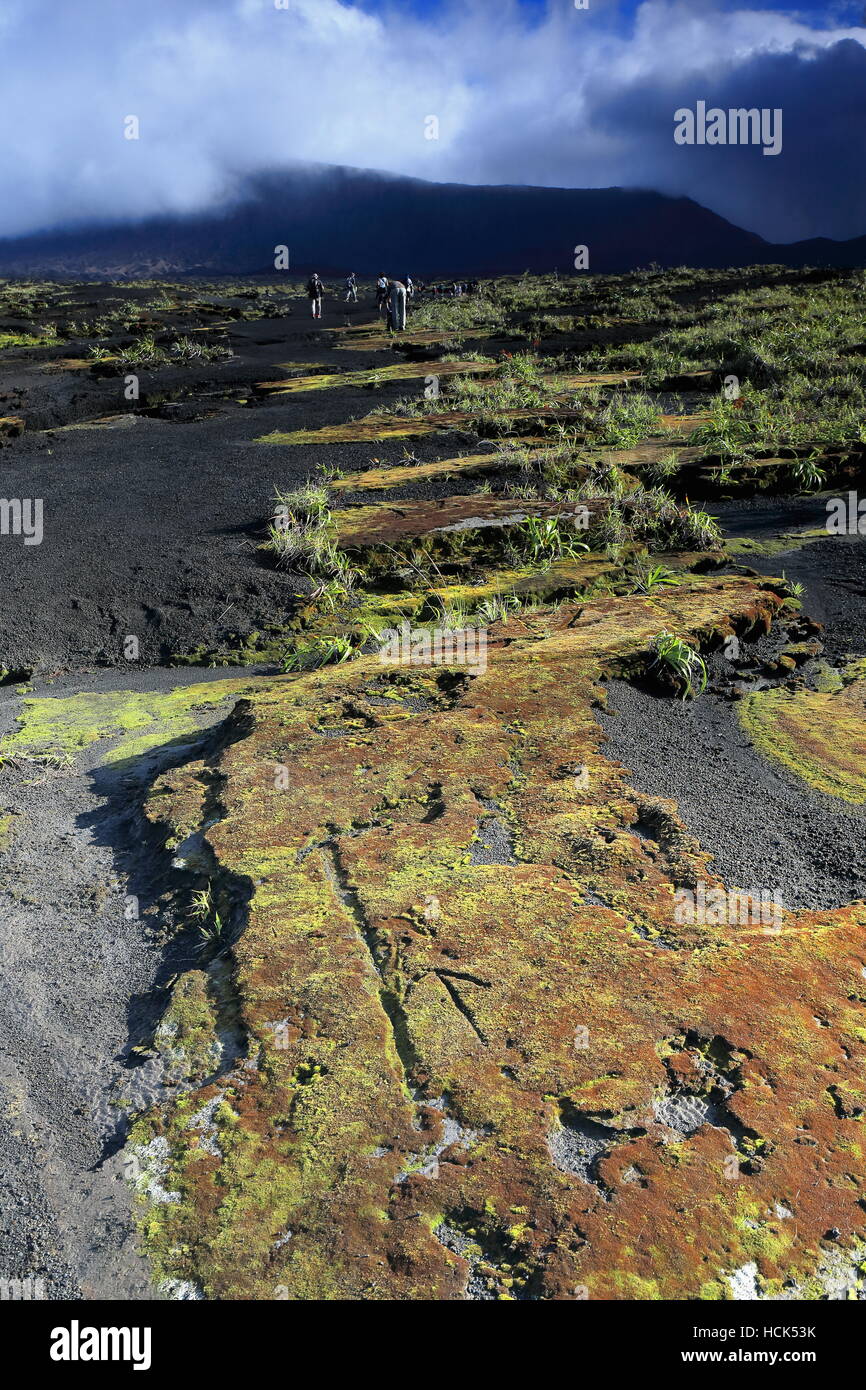 Walking the 8x12km.wide volcanic caldera stepping on loose black ash grounds and solid lava tracts covered with lichens and small green plants Stock Photo