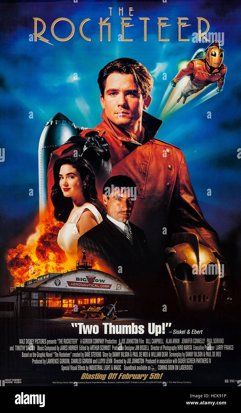 THE ROCKETEER, US advance poster art, from top: Billy Campbell, Jennifer Connelly, Timothy Dalton, 1991. ©Walt Disney Stock Photo